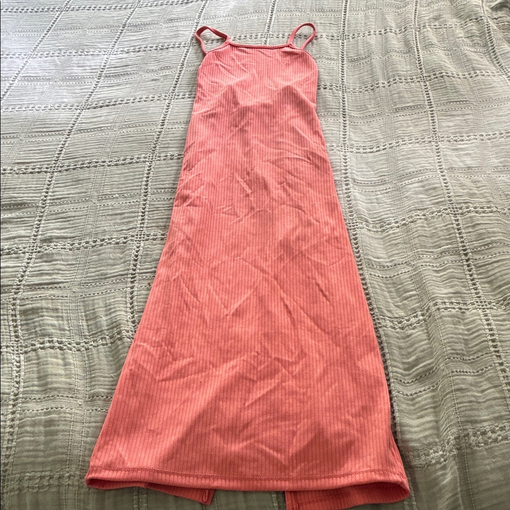 iris Coral Pink Ribbed Midi Slip Dress with Spaghetti Straps